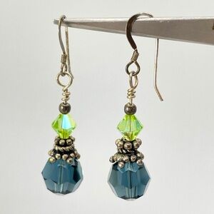 Blue Green Glass Dangle Sterling Silver Dangle Earrings Boho Statement Cute